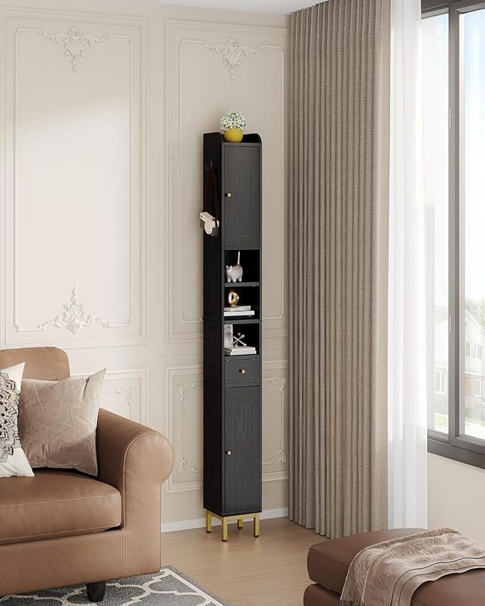 Bathroom Cabinet with Adjustable Shelves, Freestanding Floor Cabinet, Tall Black Bathroom Storage Cabinet, Narrow Toilet Paper Storage, 7.9"D x 7.9"W x 70.9"H