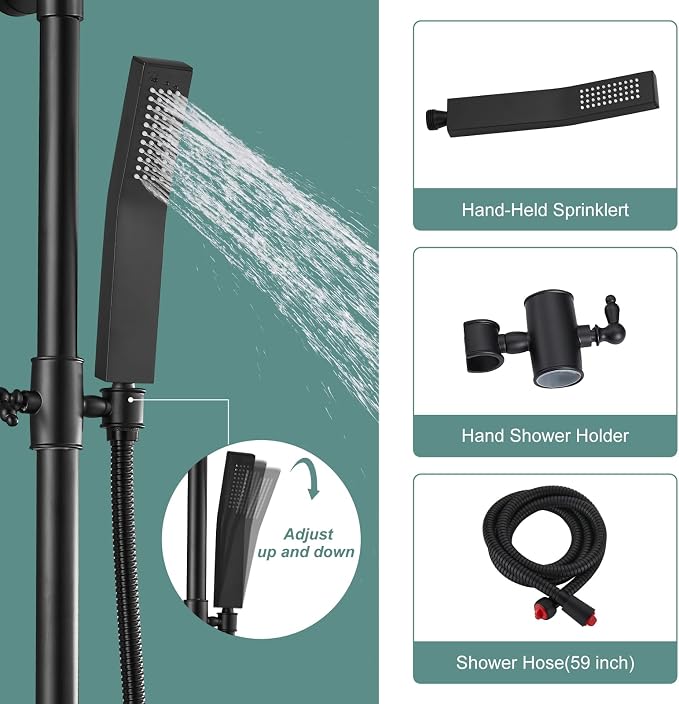 Heyalan 8-Inch Exposed Shower System with Handheld, Tub Spout, Matte Black | 3-function exposed shower system with 8-inch rainfall head, handheld shower, tub spout, adjustable slide bar, 1.8 GPM