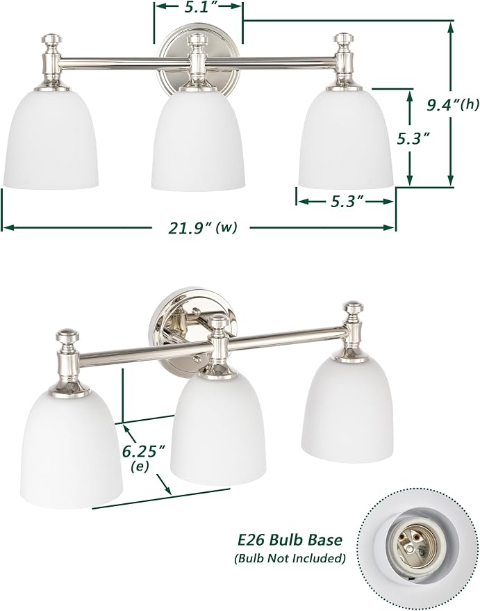 Bathroom Vanity Light, 3-Light Bathroom Light Fixtures Over Mirror, Traditional Vanity Lights for Living Room, Milk White Bell Glass Shades, Standard E26 Base, Polished Nickel