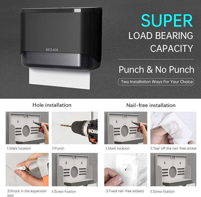 Paper Towel Dispenser,Large Capacity Wall Mount Tissue Dispensers with Smart Lock, Used for Kitchen and Bathroom 200+ Sheets Toilet Paper Holders Black