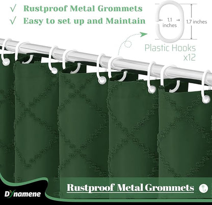 Long Boho Shower Curtain Tufted Geometric 72"x78" Dark Green | 78 Inch Tall, Elegant Tassel, Lightweight Textured Fabric, Water Repellent, Washable, Hotel Spa, for Bathroom/Dorm 12 Hooks