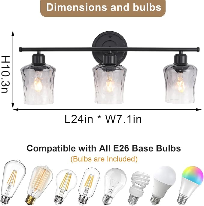 3-Light Bathroom Light Fixtures Black Vanity Light with Grey Glass Shade | Modxian Modern E26 Bathroom Wall light for Over Mirror, Kitchen, Hallway, Cabinet, Porch, Bedroom