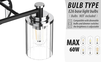 Bathroom Lighting Fixtures Black and Chrome Bathroom Vanity Light with Cylindrical Clear Stripes Glass Lampshade E26 Socket Base Bathroom Lighting Fixtures Over Mirror (2 Lights)