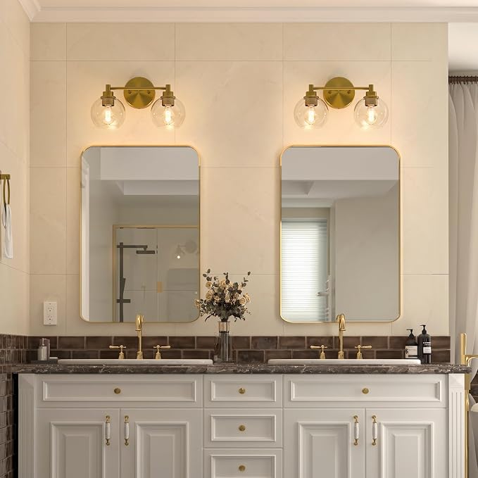 VONLUCE 2 Light Bathroom Vanity Light Fixtures, Gold Finish | Globe Glass Shades, E26 Sockets, Easy to install, Vanity Lights for Bedroom Hallway Living Room