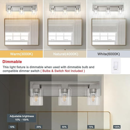 21.6 Inch Brushed Nickel Bathroom Light Fixtures, with Clear Glass Shade | 3-Light Bathroom Lighting Fixtures Over Mirror, Modern Wall Light, bathroom vanity light E26 Socket, ETL
