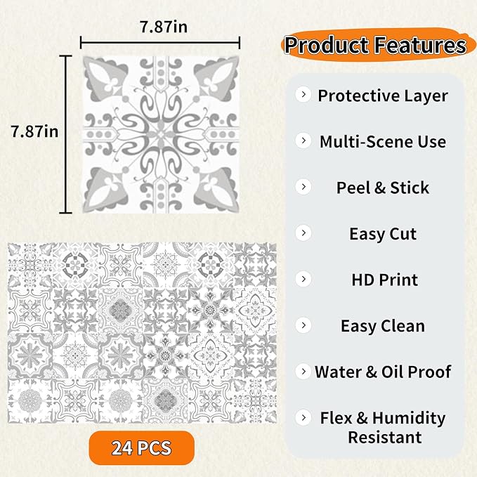 24 PCS Bohemian Floral PVC Peel and Stick Tile Stickers | for Kitchen Bathroom RV, Waterproof Self-Adhesive Removable Backsplash Decals, Easy DIY Upgrade, Smooth Surfaces, 7.87x7.87in