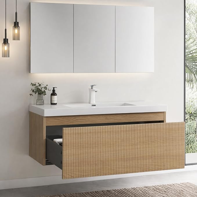 Floating Bathroom Vanity, 36" Wall Mounted Bathroom Cabinet with Glossy White Stone Resin Sink & U-Shaped Soft-Close Drawer, Pre-Assembled Striped Storage Vanity for Bathroom, Natural Wood