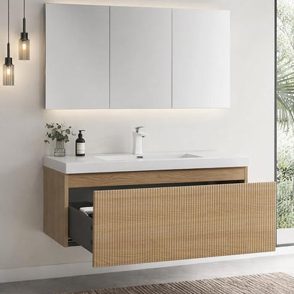 Floating Bathroom Vanity, 36" Wall Mounted Bathroom Cabinet with Glossy White Stone Resin Sink & U-Shaped Soft-Close Drawer, Pre-Assembled Striped Storage Vanity for Bathroom, Natural Wood