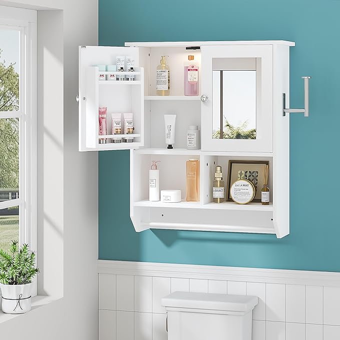 VECELO Bathroom Wall Cabinet with LED Light, Wall Mounted Medicine Cabinet with Open and Hidden Storage Space and Towel Bar for Bathroom, Kitchen, Laundry Room, White