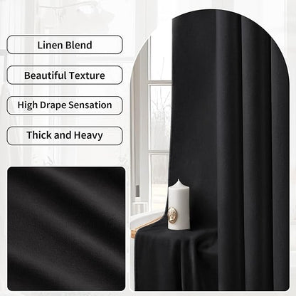 Linen Shower Curtain Black, Fabric Boho Farmhouse Shower Curtains for Bathroom Cotton Natural Cloth Liner Set 72" W x 72" L