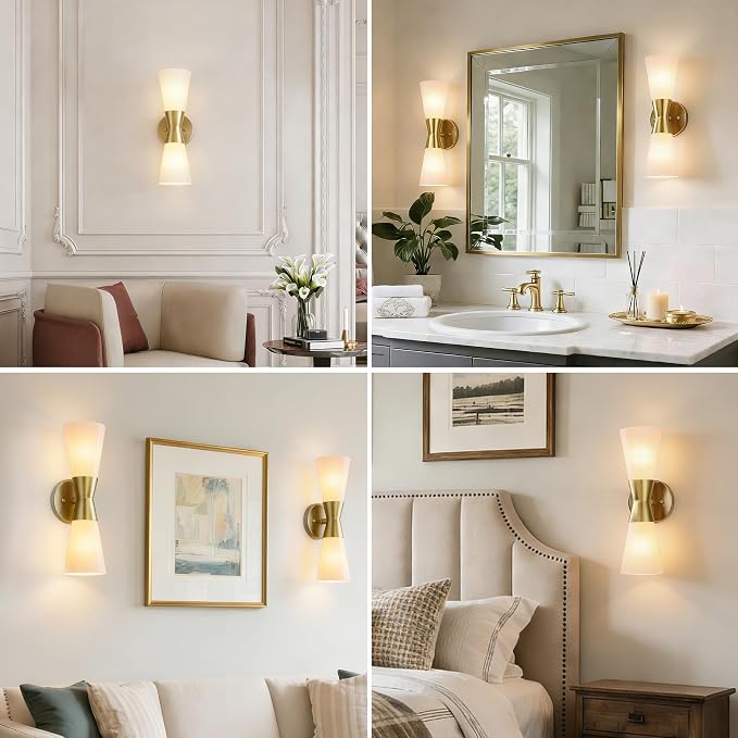 Wall Sconces Set of 2 for Bathroom, Modern Indoor Vanity Light Fixtures 15", Up Down Lighting, Wall Mount Lamp for Living Room Bedroom Hallway Stairway Fireplace Mirror E26 Base 2PC White&Gold