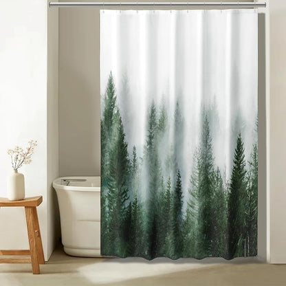 ORTIGIA 60x72 Misty Forest Stall Shower Curtain for Small Bathroom, Green Narrow Nature Woodland Shower Curtain Set with Hooks, Waterproof Fabric Pine Tree Fog Magic Home Bath Curtain