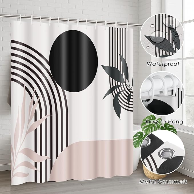 Bathroom Sets with Shower Curtain and Rugs, 4 Pcs, Mid Boho | Century Abstract Modern Minimalist Bathroom Decor Set with Toilet Lid Cover, Non-Slip Bath Mats and Accessories 12 Hooks