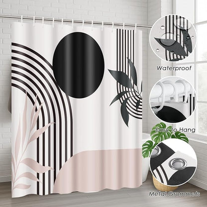 Bathroom Sets with Shower Curtain and Rugs, 4 Pcs, Mid Boho | Century Abstract Modern Minimalist Bathroom Decor Set with Toilet Lid Cover, Non-Slip Bath Mats and Accessories 12 Hooks