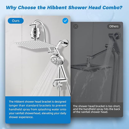 Hibbent 10" Dual Filtered 10" Rainfall Shower Head with Handheld 10-Spray | High Pressure Metal Chrome Showerhead Combo with Filter, 4-way Diverter with Pause Mode, Extension Arm, 71'' Hose & Holder