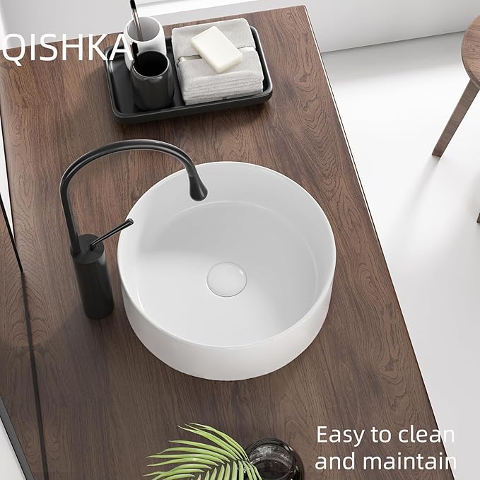 12 Inch Round Bathroom Sink Above Counter, QISHKA Small White Ceramic Vanity Vessel Sink Mini Countertop Bowl Basin for Space-Saving