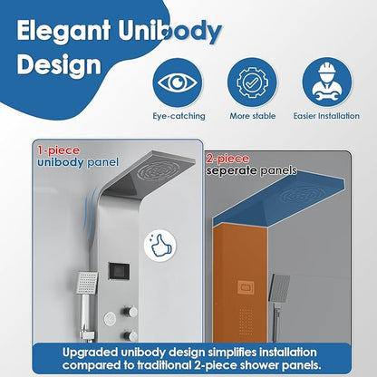 ROVOGO Shower Panel Tower with Rainfall Shower, Body Jets, Handheld and Tub Spout, No Battery Needed Led Lights and Temp Display, Unibody Shower Column 304 Stainless Steel, Brushed
