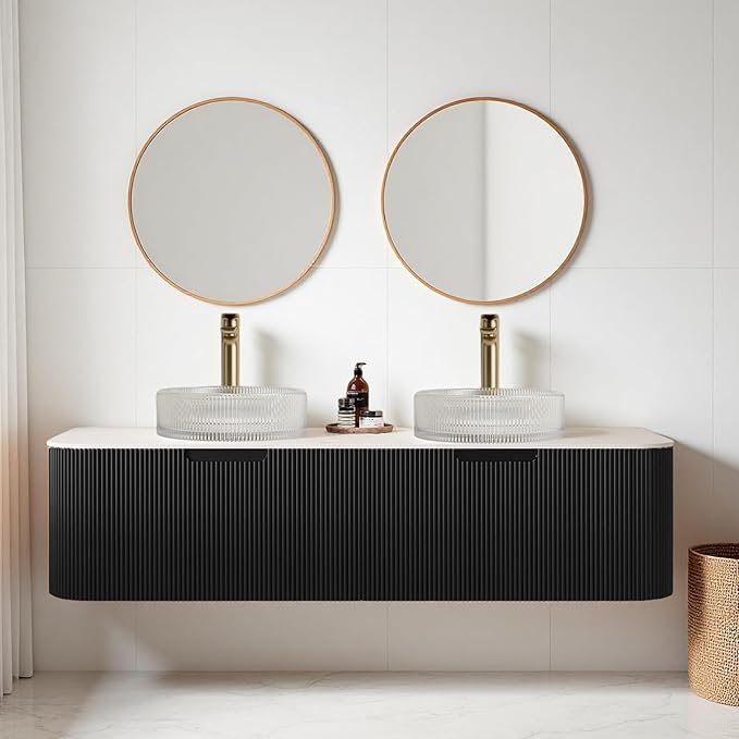 60" Floating Bathroom Vanity with Double Sink, Modern Bathroom Vanities with Round Crystal Glass Basin and Marble Countertop, Soft-Closing Drawer, Solid Wood Pre-Assembled Cabinet, Black