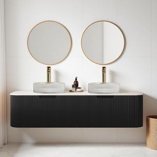 60" Floating Bathroom Vanity with Double Sink, Modern Bathroom Vanities with Round Crystal Glass Basin and Marble Countertop, Soft-Closing Drawer, Solid Wood Pre-Assembled Cabinet, Black