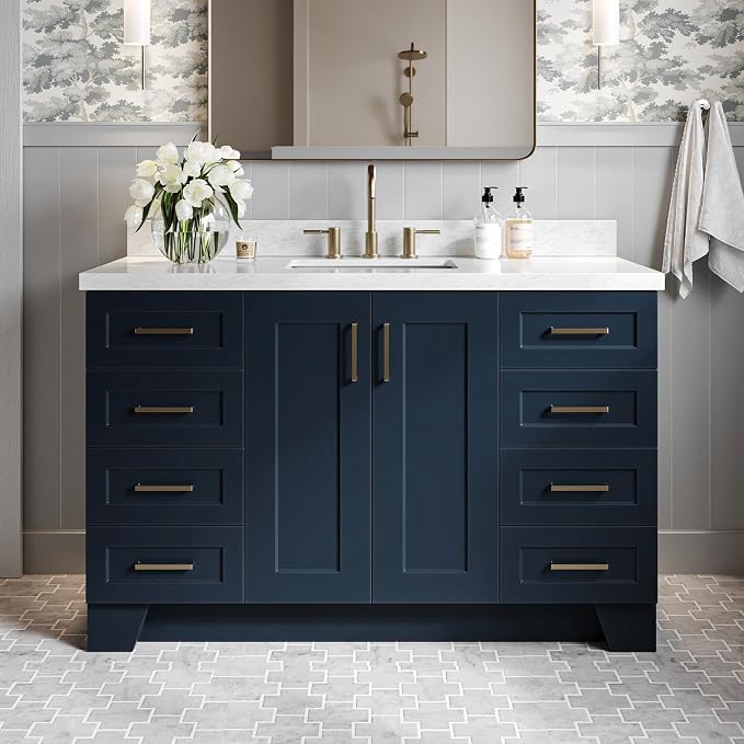 DKB Emilia 54" Midnight Blue Bathroom Vanity with Sink, 1.5" Edge Italian Carrara Marble Countertop, Rectangular Undermount Sink, 2 Soft-Closing Doors, 9 Dovetail Drawers