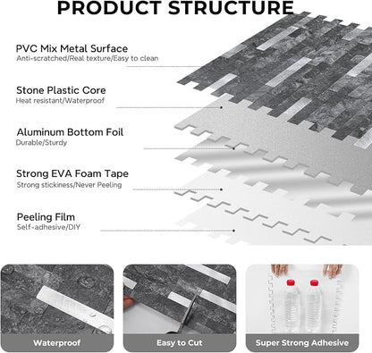 STICKGOO Peel and Stick Backsplash,PVC Wall Tiles Stick on Backsplash for Kitchen(10 Sheets, Black Slate with Metal Silver),(12 inch x 11.7 inch)