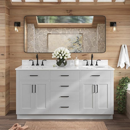 ARIEL Hepburn 66-inch Bathroom Vanity with Sink,Solid Wood, 0.75-inch Italian Carrara Marble Countertop & Backsplash, Double Oval Porcelain Sink, 4 Soft Closing Doors, 6 Dovetail Drawers, Grey