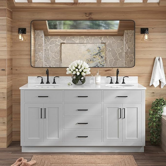 ARIEL Hepburn 66-inch Bathroom Vanity with Sink,Solid Wood, 0.75-inch Italian Carrara Marble Countertop & Backsplash, Double Oval Porcelain Sink, 4 Soft Closing Doors, 6 Dovetail Drawers, Grey