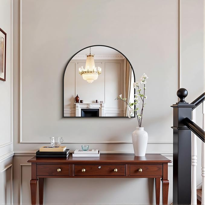 COFENY Arched Mirror, 24’’x24’’ Black Arch Mirrors for Bathroom Sink, Small Bathroom Vanity Mirror with Metal Frame, Modern Wall Mounted Mirror for Bedroom Living Room Mantle Entryway