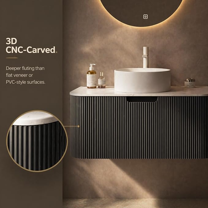 36 Inch Bathroom Vanity with Sink, Floating Wall Mounted Single Sink Vanity, Black Curved Fluted Front, Stone Top, Pure White Round Vessel Basin, Pre-Assembled