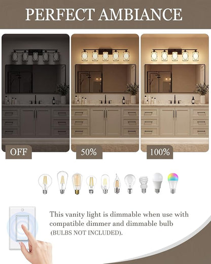 5-Light Matte Black Bathroom Light Fixtures Over Mirror, 38" UL-Listed Modern Farmhouse Wall Sconce Lights with Milk White Frosted Glass and Metal Cage for Bath, E26, CH9176BKW-5W