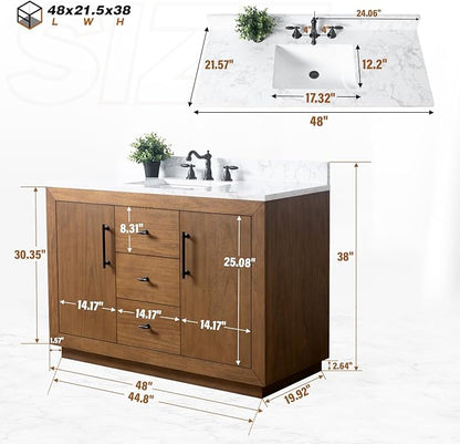 HOMEBEYOND 48" Bathroom Vanity with Single Sink & Ceramic Top, MDF Material Vanity Cabinet with Basin Combo, Soft-Closing Doors, Removable Shelf, Backsplash, Tan