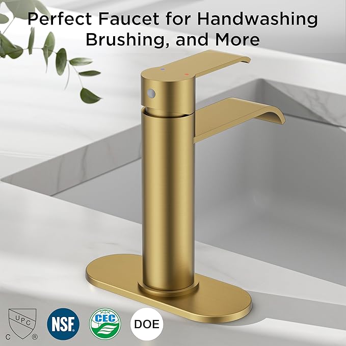 FORIOUS Brushed Gold Bathroom Faucet 1 Hole, Single Hole Gold Waterfall Faucet for Bathroom Sink with Deck Plate, Single Handle Vanity Tap Upgrade with Pop-up Drain and CUPC Hose for Rv, Lavatory