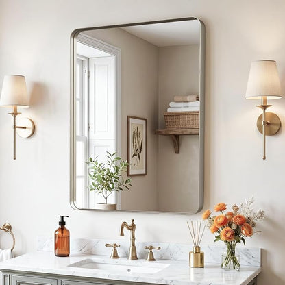 32"x24"Bathroom Vanity Mirror for Wall Aluminum Framed Farmhouse Rectangle | Anti-Rust, HD Reflection Anti-Desilvering, Distortion Free, Tempered and Shatter-Proof Wall Mounted Mirror, Brushed Nickel