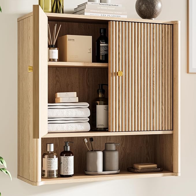 Bathroom Wall Cabinet, Medicine Cabinet with Adjustable Wood Shelf & Doors, Over The Toilet Storage Organizer Wall Mounted Storage Cabinet for Laundry Room, Kitchen, Living Room, Cupboard, OAK