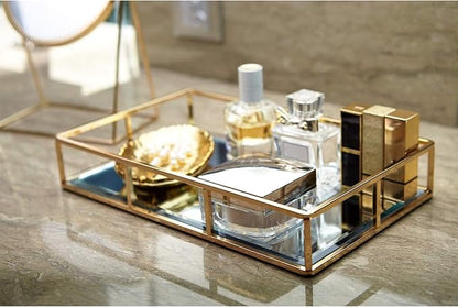PuTwo Tray Mirror, Gold Dresser Ornate Tray Metal Decorative Tray Jewelry Perfume Organizer Makeup Tray for Vanity, Dresser, Bathroom, Bedroom | Gold Tray Jewelry Perfume Organizer Makeup Tray for Vanity Dresser Bathroom Bedroom