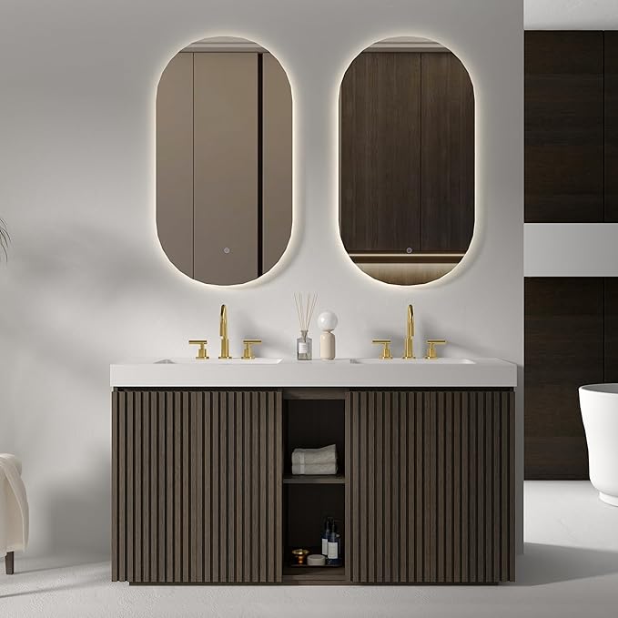 60 Inch Bathroom Vanity with Double Sink, Freestanding Double Sink Bathroom Vanity with White Engineered Stone Top, Open Storage Cabinet & Adjustable Shelf, Smoked Oak Brown (3 Holes)