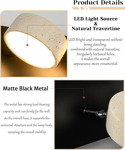 Travertine Vanity Light, 19.7 Inch Nordic Style Farmhouse Vanity Lights with 360° Rotatable Natural Stone Lampshade and Black Metal Base Wabi Sabi Vanity Lights Fixture for Bathroom (4 Lights)