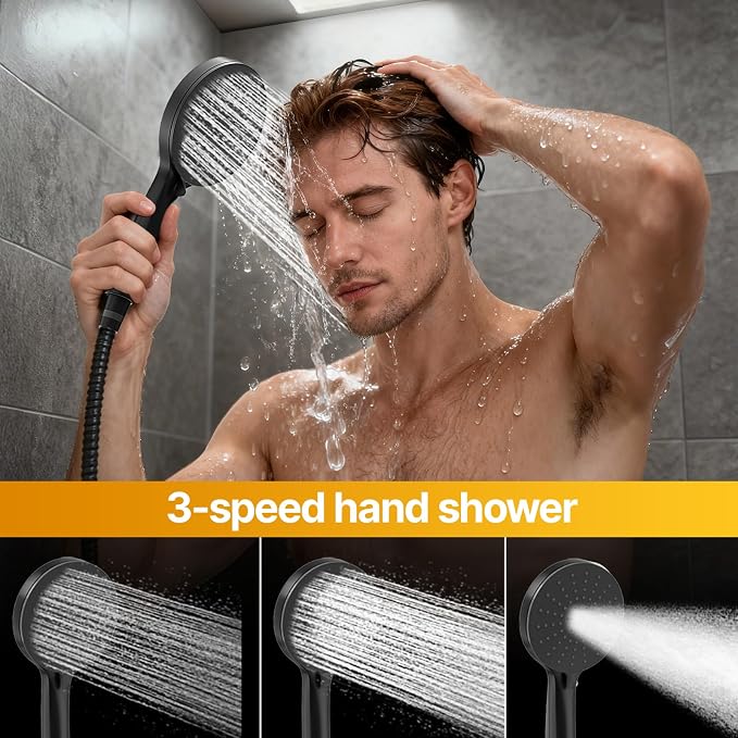 Shower Faucet Set 12IN Brass Rough-In Valve Body Trim Kit Rainfall Included Handle Accessories Complete 2 Functions with Rain Head and Handheld Bathroom Systems (12'', Matte Black)