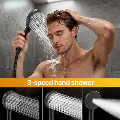 Shower Faucet Set 12IN Brass Rough-In Valve Body Trim Kit Rainfall Included Handle Accessories Complete 2 Functions with Rain Head and Handheld Bathroom Systems (12'', Matte Black)