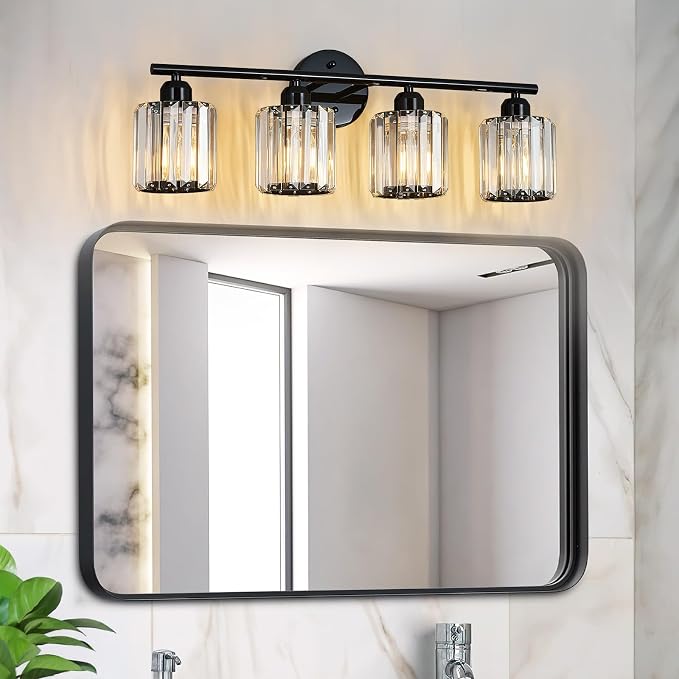 Modern 4 Light Crystal Vanity Light, Plating Black Vertical Bathroom Light Fixture Over Mirror for Dressing Table Sink, Compatible with Dimmable Bulbs (Bulbs Not Included)