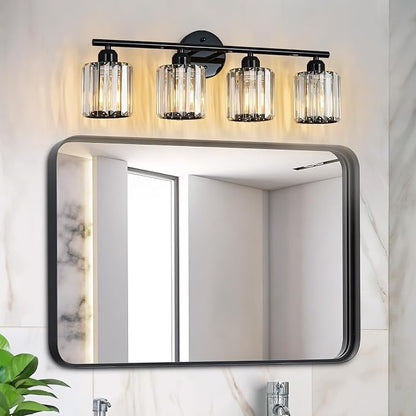 Modern 4 Light Crystal Vanity Light, Plating Black Vertical Bathroom Light Fixture Over Mirror for Dressing Table Sink, Compatible with Dimmable Bulbs (Bulbs Not Included)