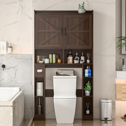 Vabches Over The Toilet Storage Cabinet with Barn Doors, Espresso | Toilet Cabinet Rack, Space Saving Bathroom Organizer with Shelves, Toilet Paper Holder and Towel Rack for Bathroom,Laundry.