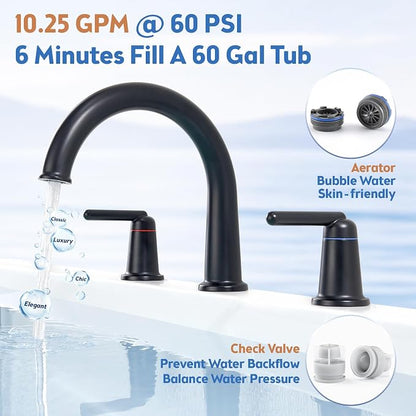 Roman Tub Faucet 3 Hole Deck Mount Tub Filler High Flow Matte Black | With Ceramic Valve, Solid Brass, High Arch Bathtub Faucet, 2-Handle Design, Widespread Mount, Garden Bath Tub Faucet