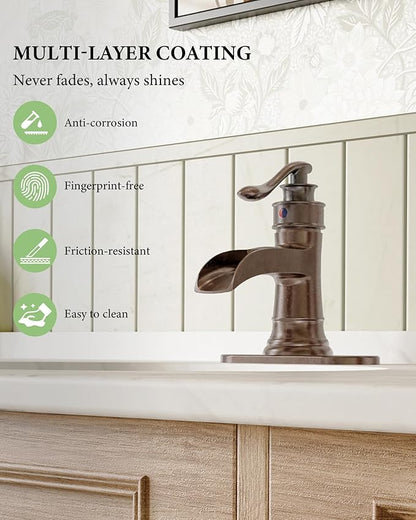 Homevacious Bathroom Faucet Copper Waterfall Bathroom Sink Faucets with Single Handle Rustic Vanity Farmhouse RV Faucet Suitable for 1 or 3 Holes with Pop-up Drain Deck Plate Hose