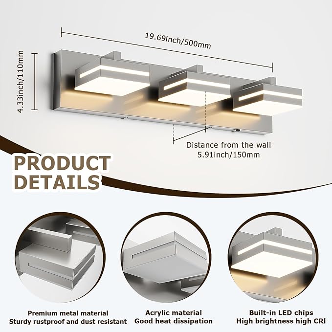 Joossnwell Brushed Nickel Vanity Lights for Bathroom Light Fixtures (3-Light, 19.69-Inch) Dimmable 5CCT Modern Bath Lighing Fixture Over Mirror LED Vanity Lighting