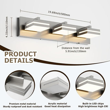 Joossnwell Brushed Nickel Vanity Lights for Bathroom Light Fixtures (3-Light, 19.69-Inch) Dimmable 5CCT Modern Bath Lighing Fixture Over Mirror LED Vanity Lighting