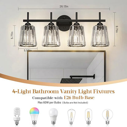 Crystal Bathroom Light Fixtures Over Mirror, Black 4-Light Bathroom Vanity Lights Over Mirror Modern Wall Lighting Sconces with Ceramic E26 Base (Bulbs Not Include)