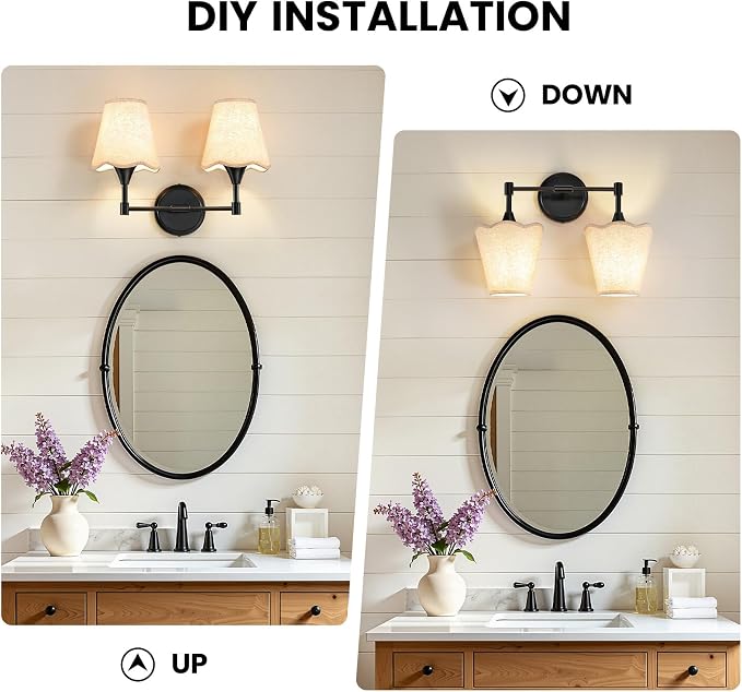 Black Bathroom Vanity Light Fixtures: Matte Black Vanity Lights Over Mirror with Flared Fabric Shade, Modern Bathroom Lighting Fixtures, 2 Light Wall Sconces Lighting for Bedroom Hallway Living Room