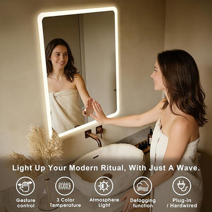 WARM&LOVE 16 x 24 Inch LED Bathroom Mirror, Hand Scan Sensor Anti-Fog Bathroom Mirror with Lights, Stepless Dimming, 3 Color Lighting, Lighted Bathroom Mirrors for Wall, Vertically Only