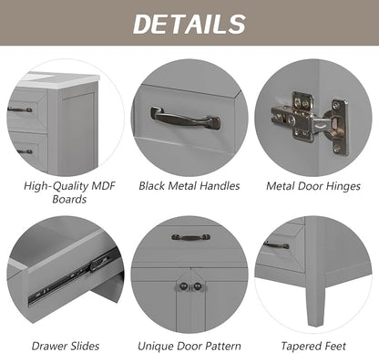 36 Inch Bathroom Vanities with Undermount Ceramic Sink, Storage Cabinet with Soft Closing Doors and Three Drawers, Solid Wood Frame, Gray